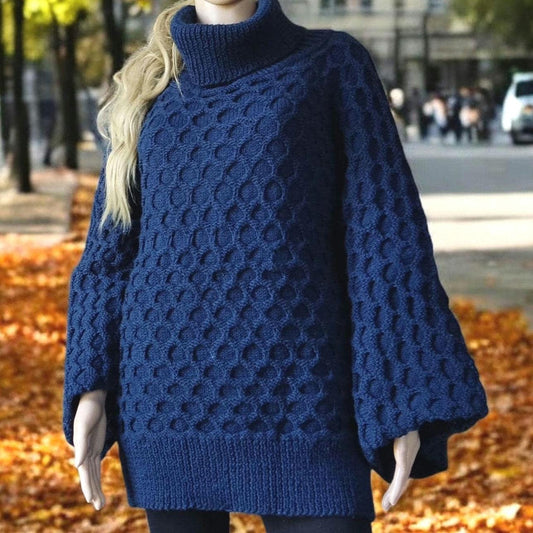 Grobstrick-Rollkragenpullover in Blau: Langer Damenpullover mit weiten Ärmeln