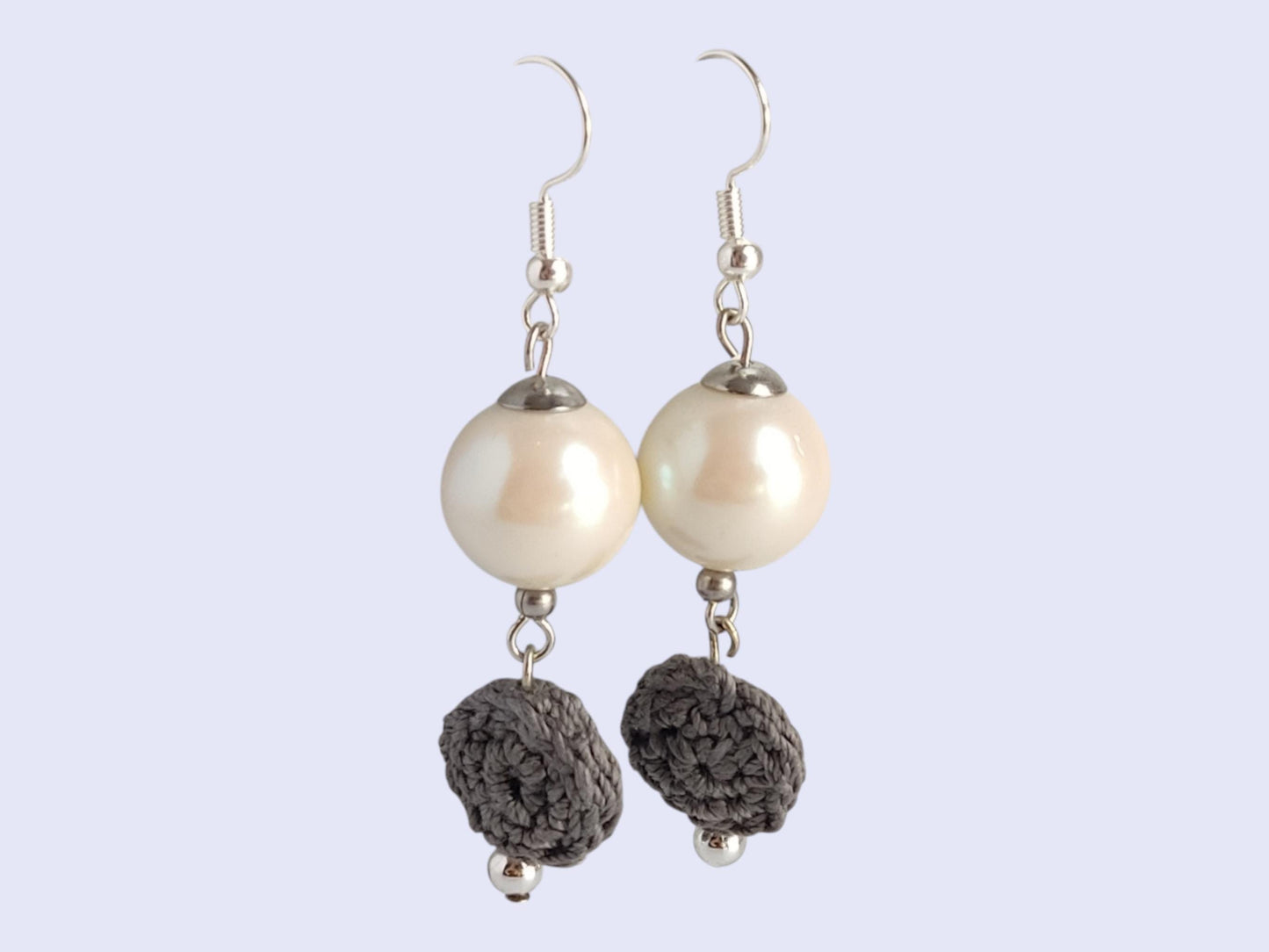 Crochet Pearl Drop Earrings: Gray Boho Dangle Earrings