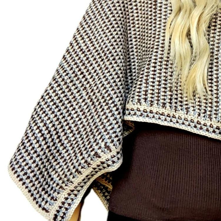 Crochet Crop Top Sweater - Brown Beige Striped Poncho with Wide Sleeves