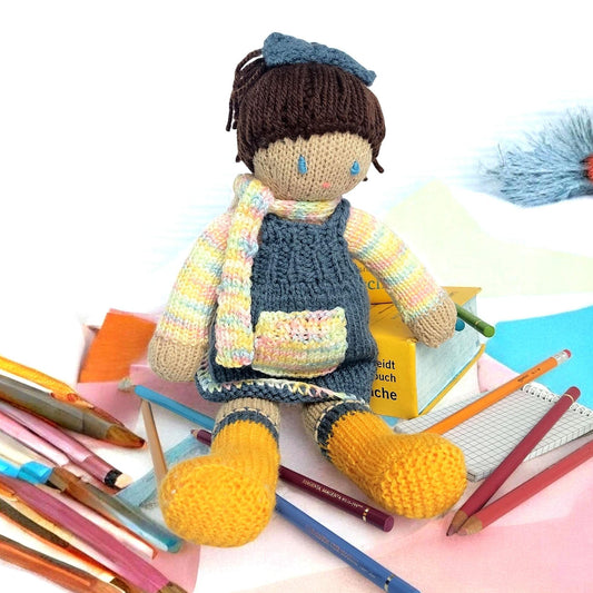 Crochet School Girl Doll: Brown Hair, Handmade Plush Toy