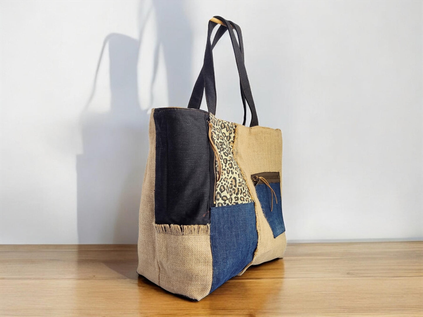 Reversible Tote Bag: Black  Leopard Print Burlap Patchwork Tote Handbag