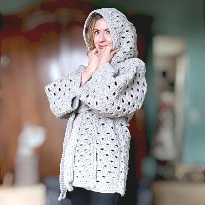Gray Sequin Hooded Cardigan - Chunky Crochet Belted Jacket for Women