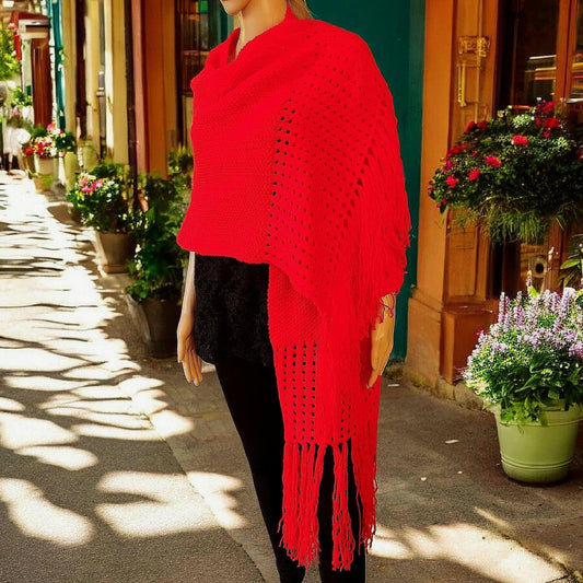Langer, gestrickter Schal mit Fransen, einzigartiges, modisches Boho-Rot, kuschelig weich, übergroßer Schal, Roter Strick-Franzen-Schal