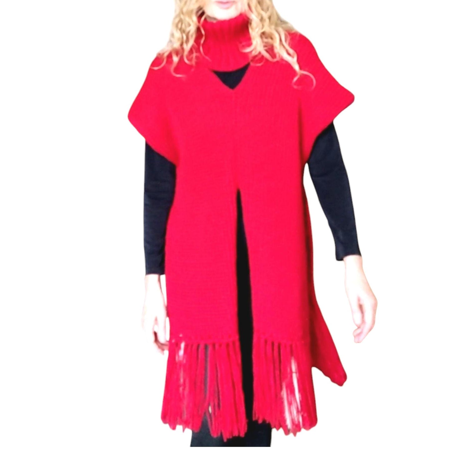 Red Knitted Poncho with Fringe - Turtleneck Vest for Women