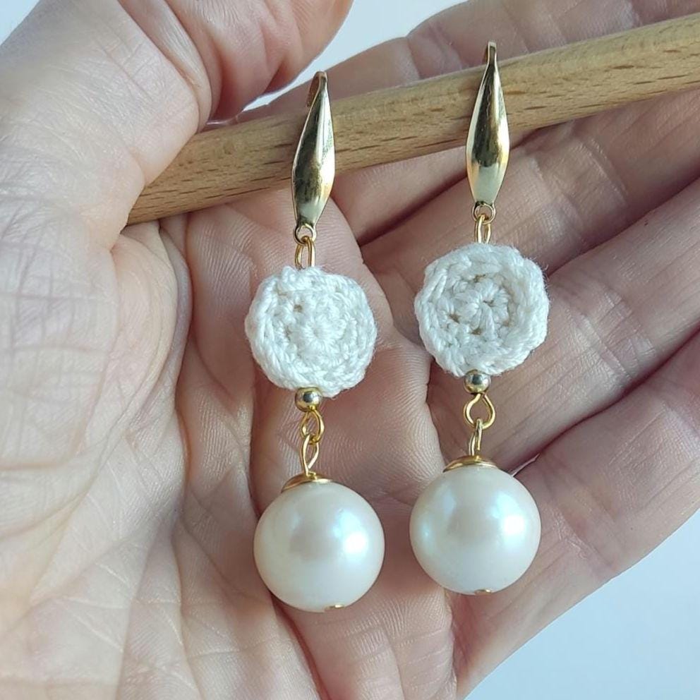 Crochet Pearl Dangle Earrings: Cream White Boho Drop Earrings