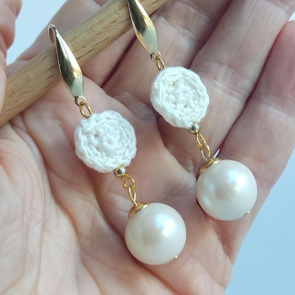Crochet Pearl Dangle Earrings: Cream White Boho Drop Earrings