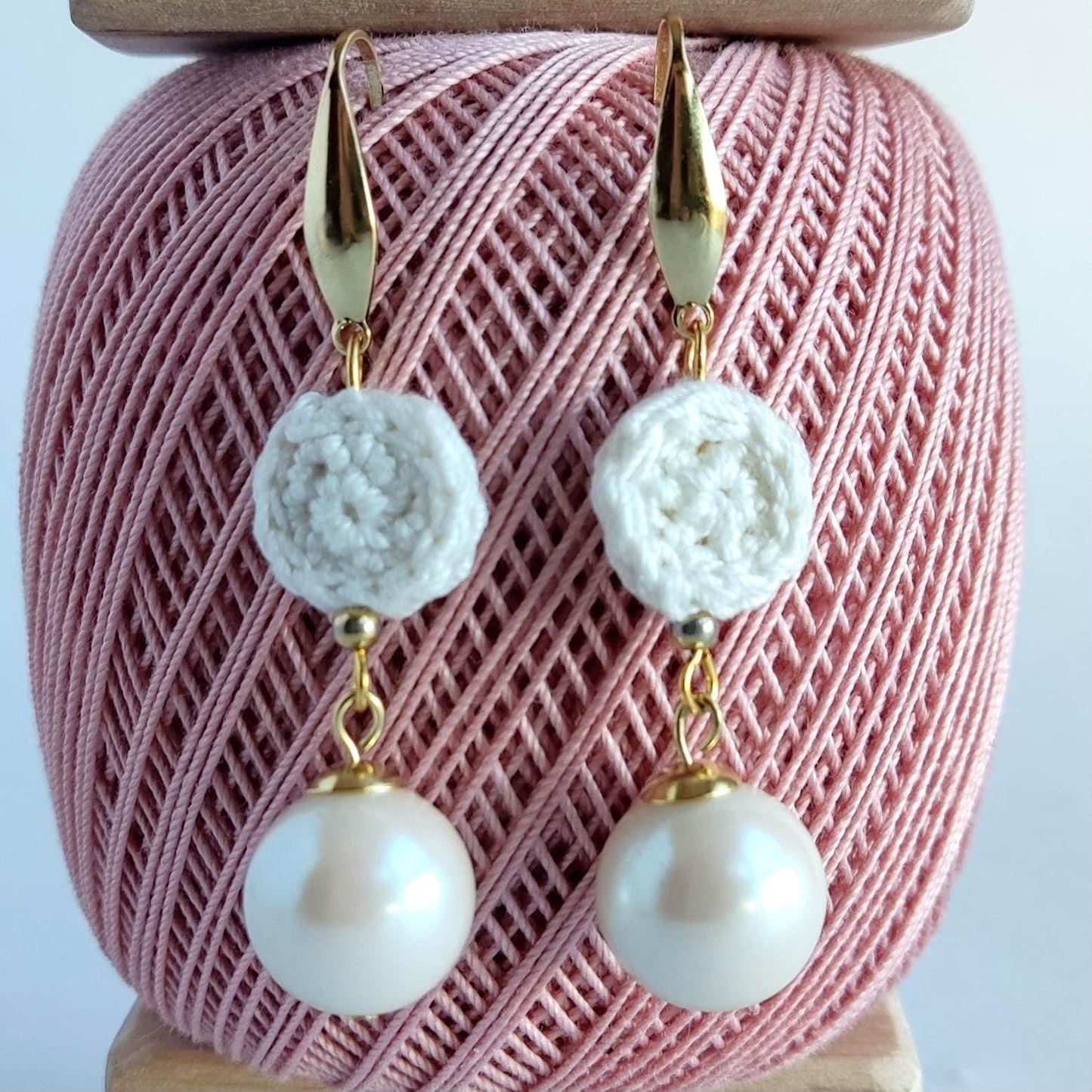 Crochet Pearl Dangle Earrings: Cream White Boho Drop Earrings