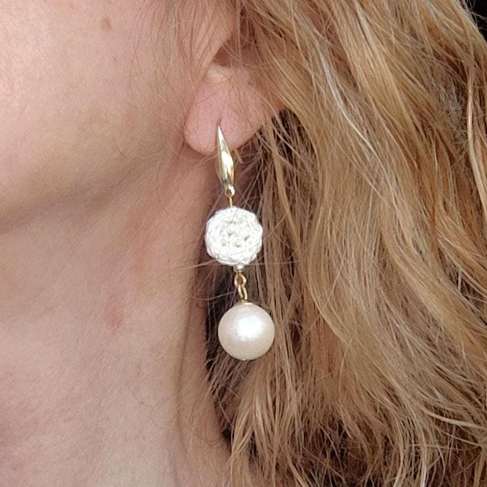 Crochet Pearl Dangle Earrings: Cream White Boho Drop Earrings