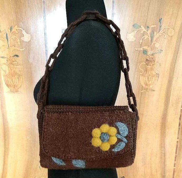 Felted Wool Handbag: Crocheted Chain, Mustard Yellow Daisy