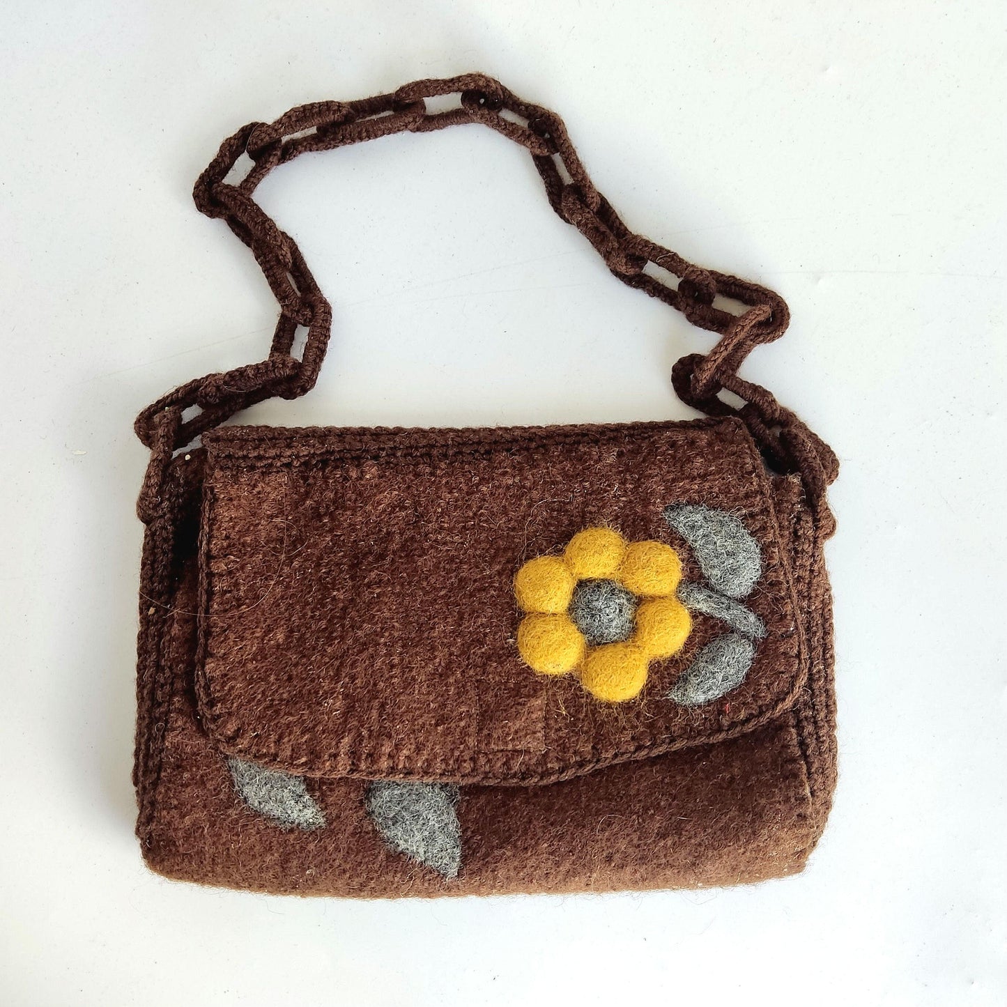 Felted Wool Handbag: Crocheted Chain, Mustard Yellow Daisy