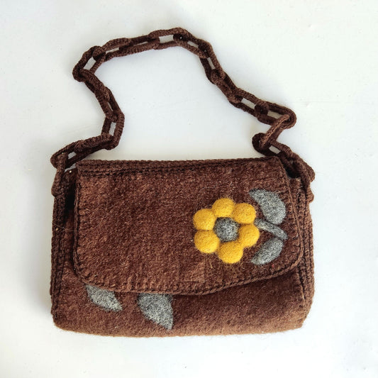 Felted Wool Handbag: Crocheted Chain, Mustard Yellow Daisy
