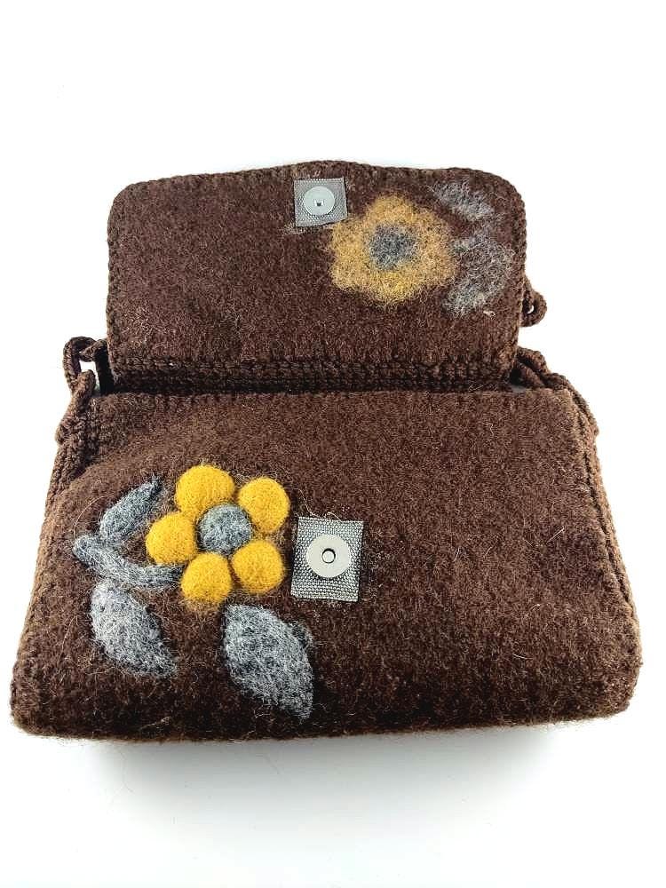 Felted Wool Handbag: Crocheted Chain, Mustard Yellow Daisy