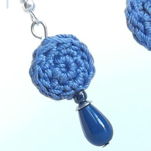 Crochet Pearl Drop Earrings: Boho Denim Blue, Sterling Silver