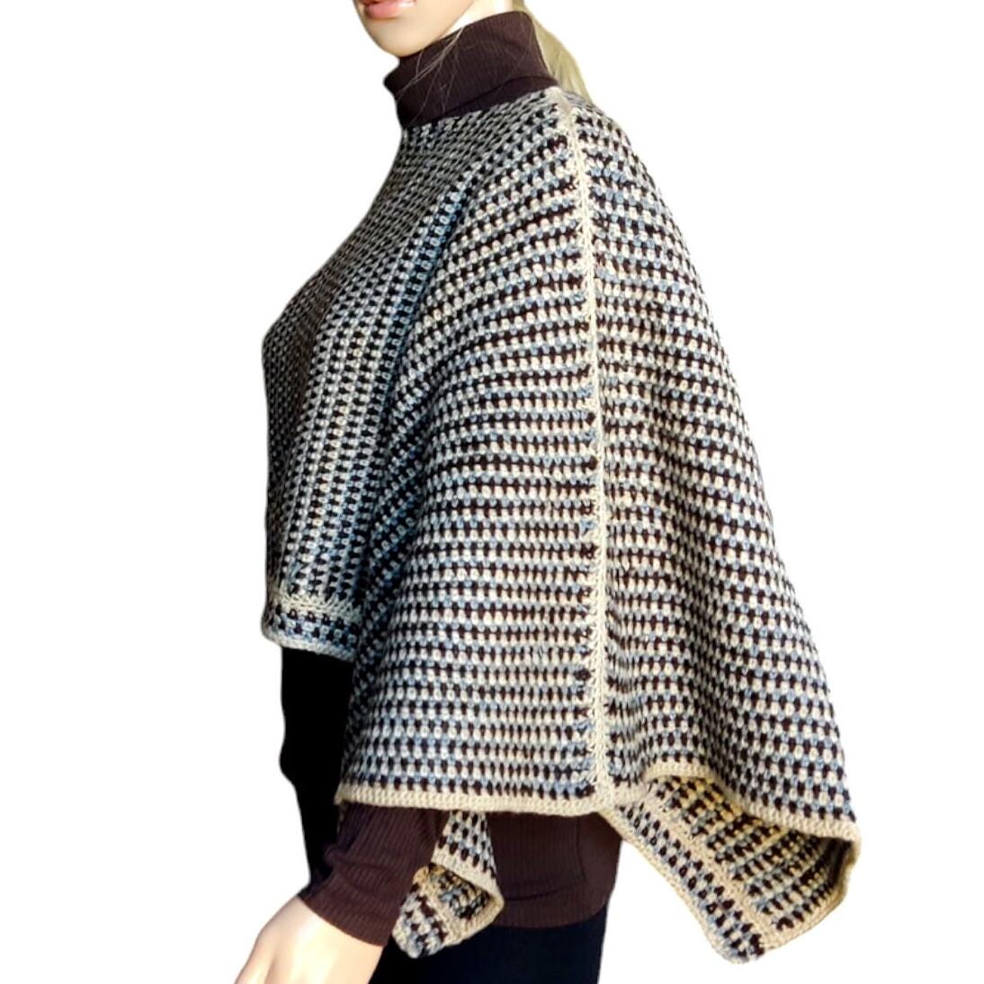 Crochet Crop Top Sweater - Brown Beige Striped Poncho with Wide Sleeves