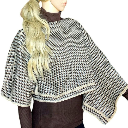 Crochet Crop Top Sweater - Brown Beige Striped Poncho with Wide Sleeves