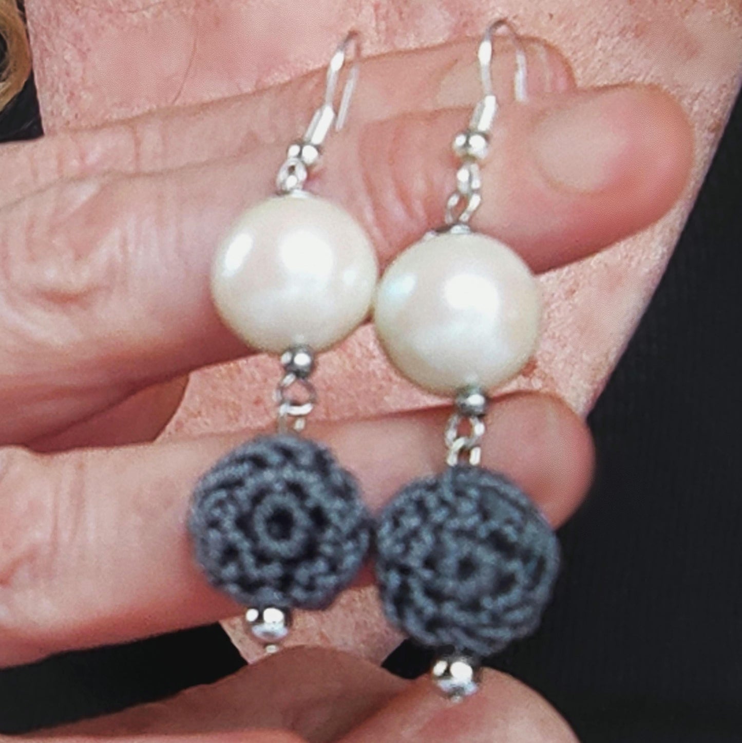 Crochet Pearl Drop Earrings: Gray Boho Dangle Earrings