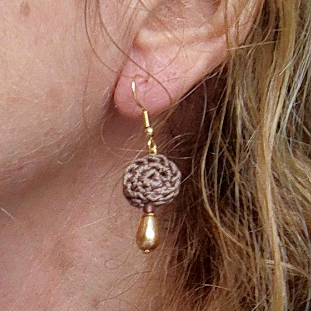 Crochet Pearl Dangle Earrings: Brown Boho Drop Earrings
