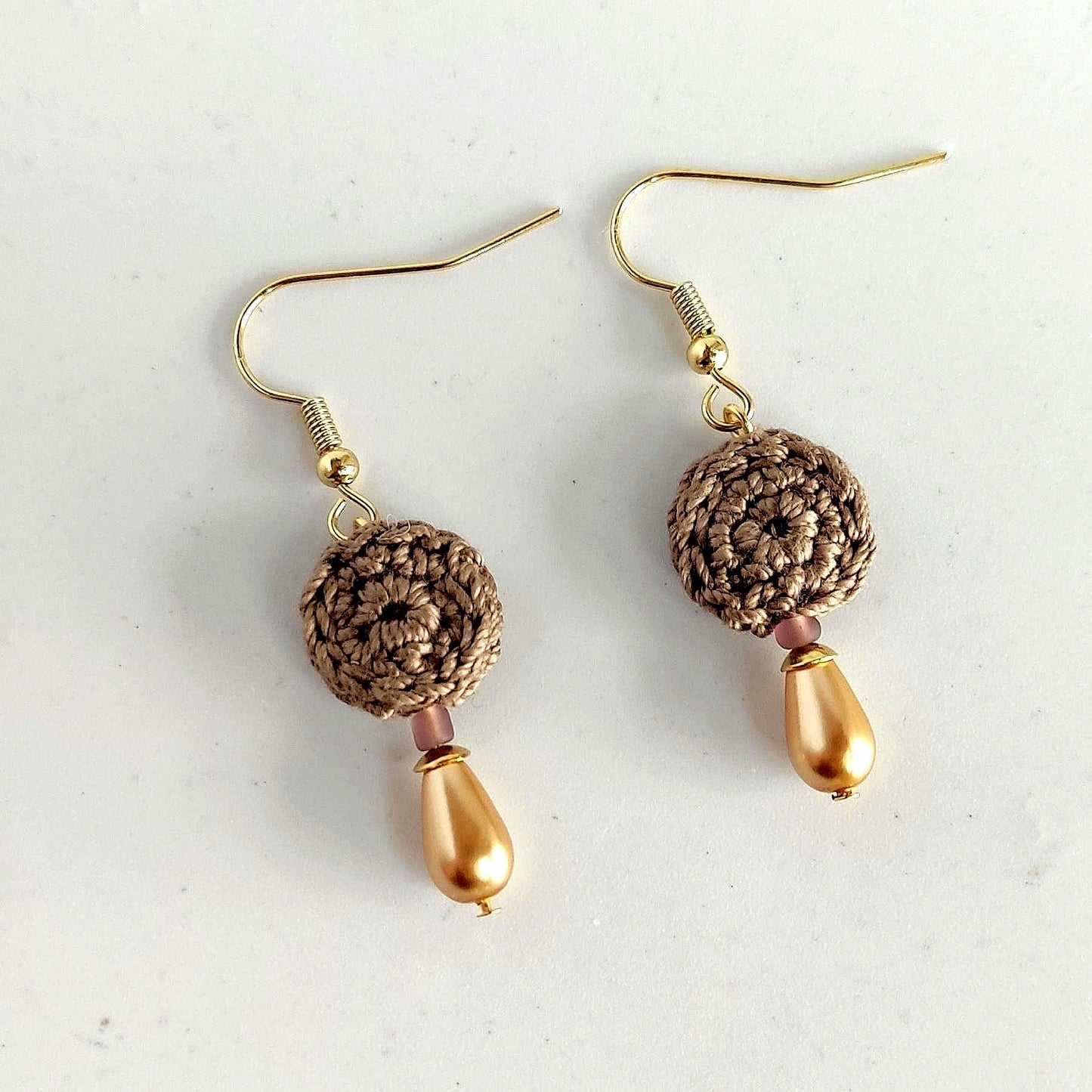 Crochet Pearl Dangle Earrings: Brown Boho Drop Earrings