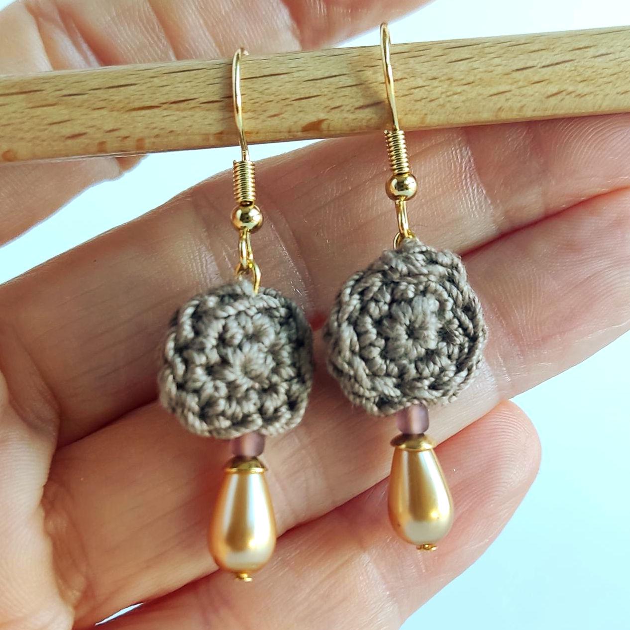 Crochet Pearl Dangle Earrings: Brown Boho Drop Earrings