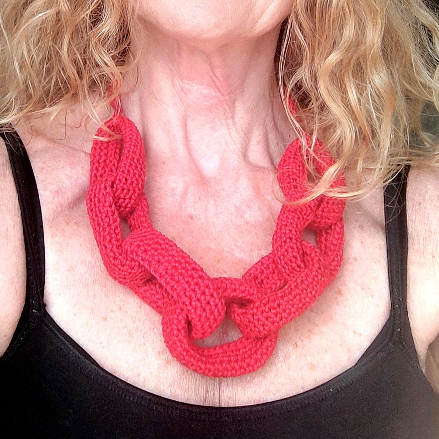 Chunky Crochet Chain Necklace: Red Cotton Braided Statement Jewelry