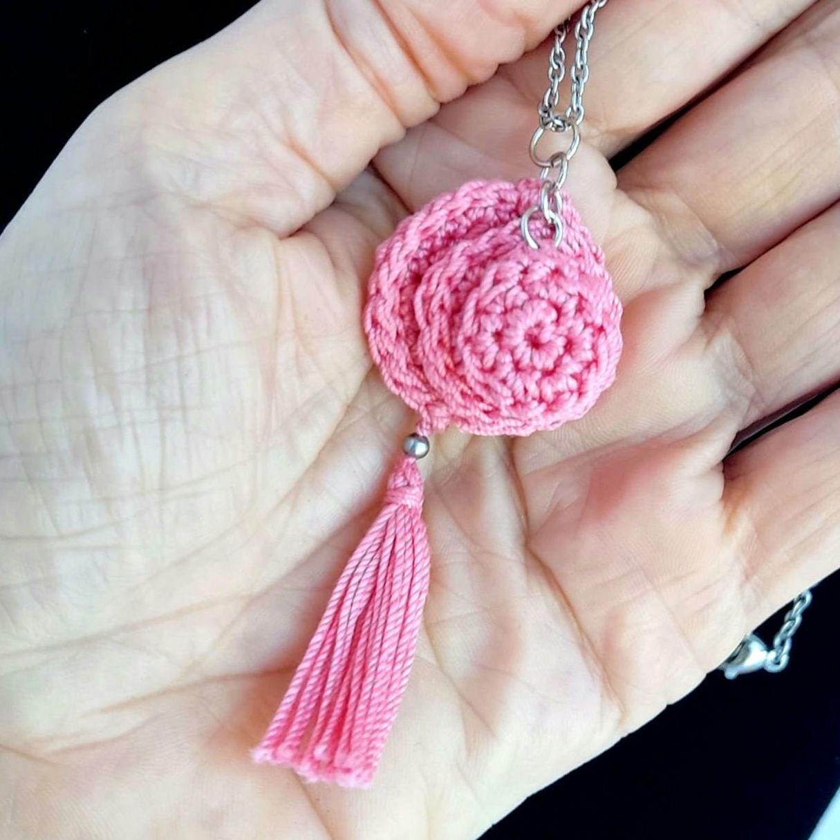 Pink Crochet Pendant Necklace - Handmade Boho Tassel Statement Jewelry