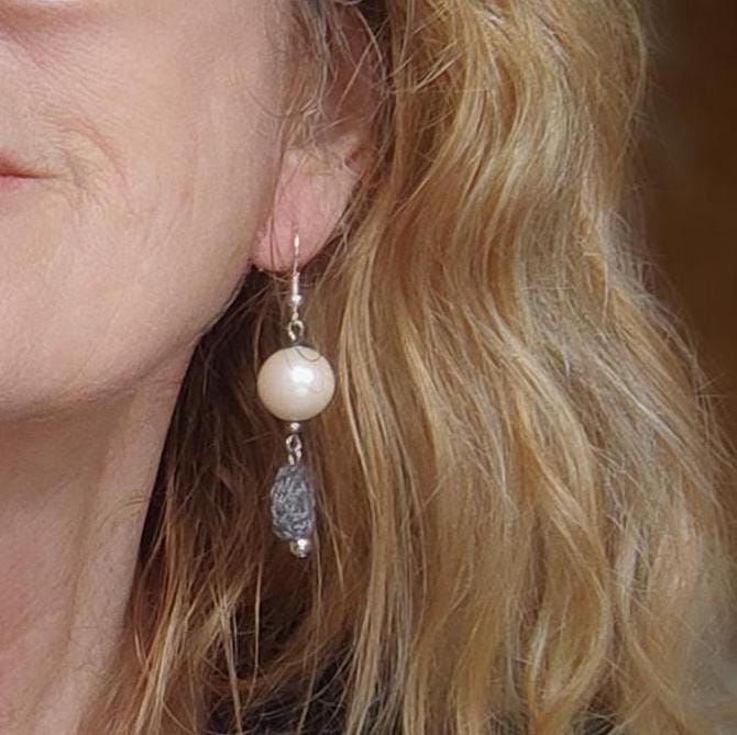 Crochet Pearl Drop Earrings: Gray Boho Dangle Earrings