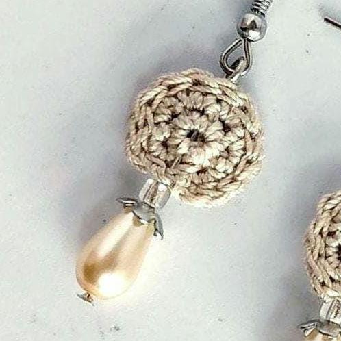 Crochet Pearl Drop Earrings: Beige Boho Dangle Earrings