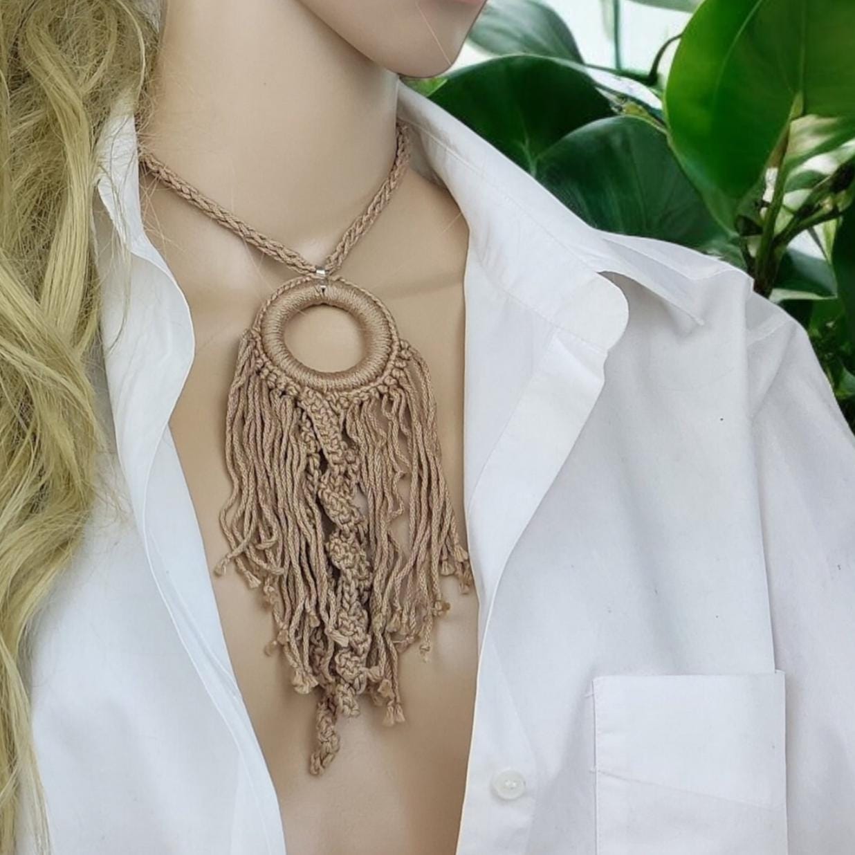 Beige Boho Crochet Pendant Necklace - Handmade Cotton Fringe, Adjustable Length