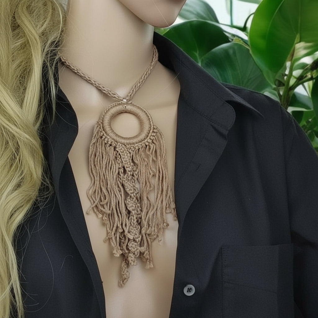 Green Boho Crochet Pendant Necklace - Handmade Cotton Fringe, Adjustable Length