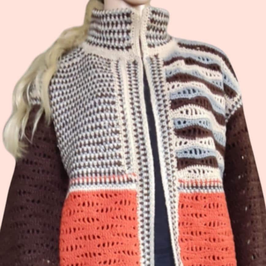 Boho Crochet Cardigan - Brown Orange Striped Long Jacket for Women