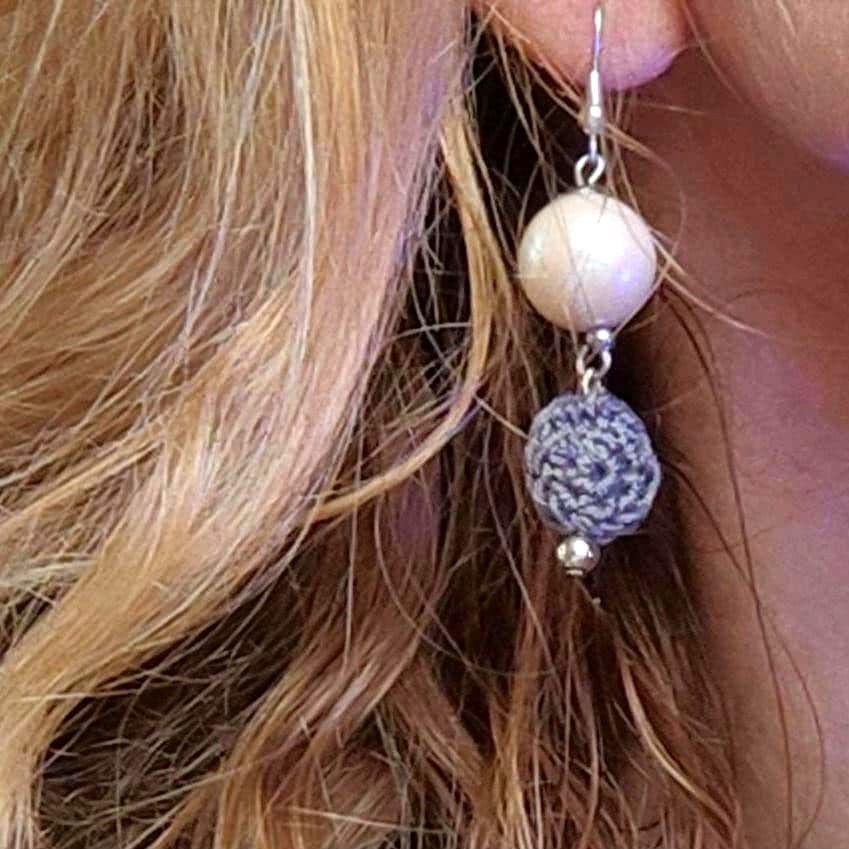Crochet Pearl Drop Earrings: Gray Boho Dangle Earrings