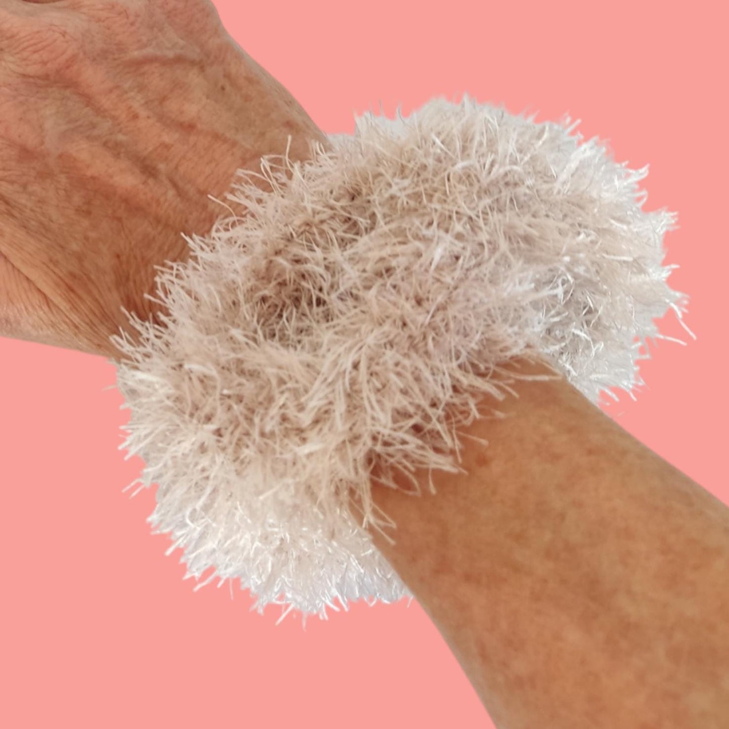 Chunky White Faux Fur Crochet Bracelet - Fluffy Cuff Bangle