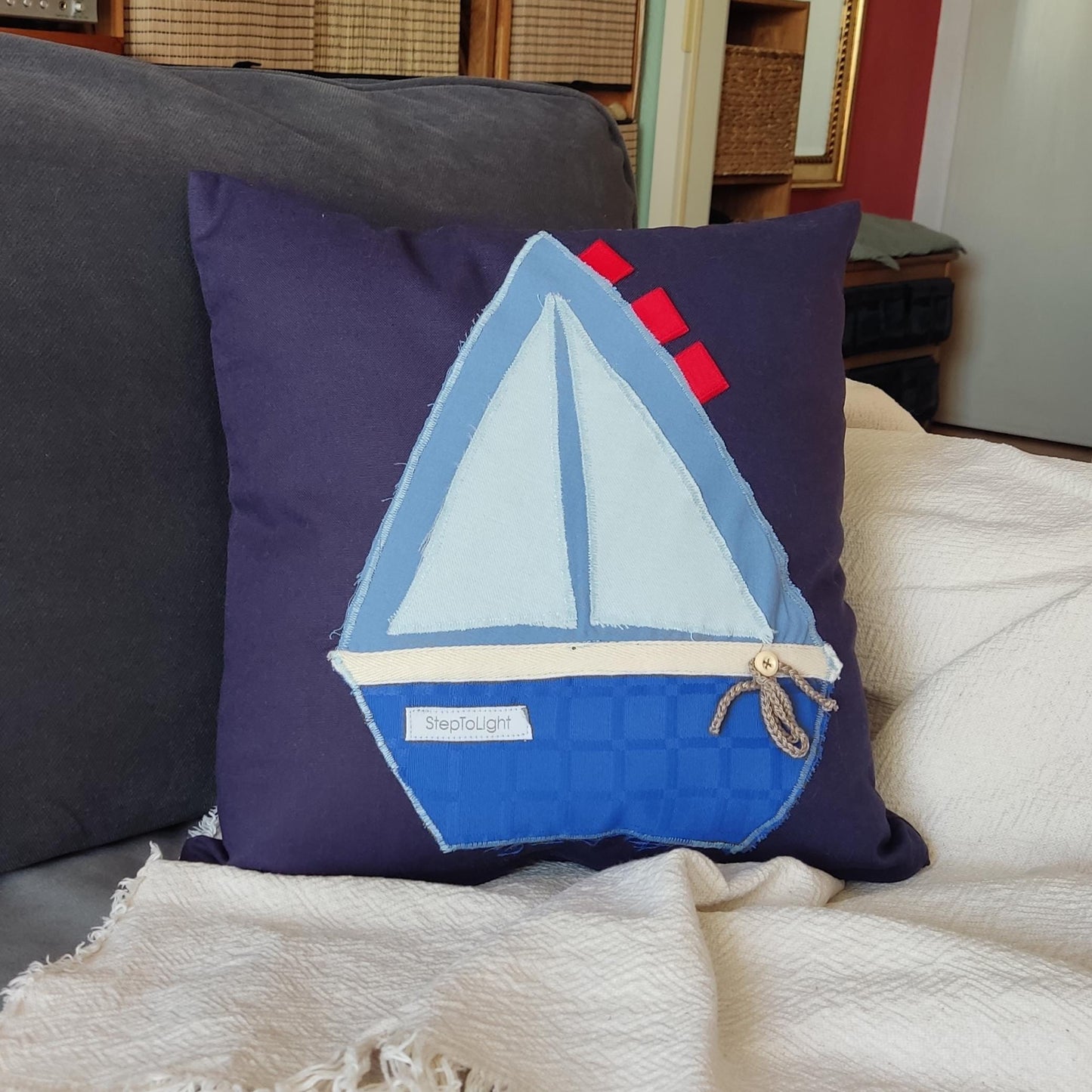 Nautical Pillow Cover Set - Navy Blue Patchwork Sailing Boat Maritime Decor