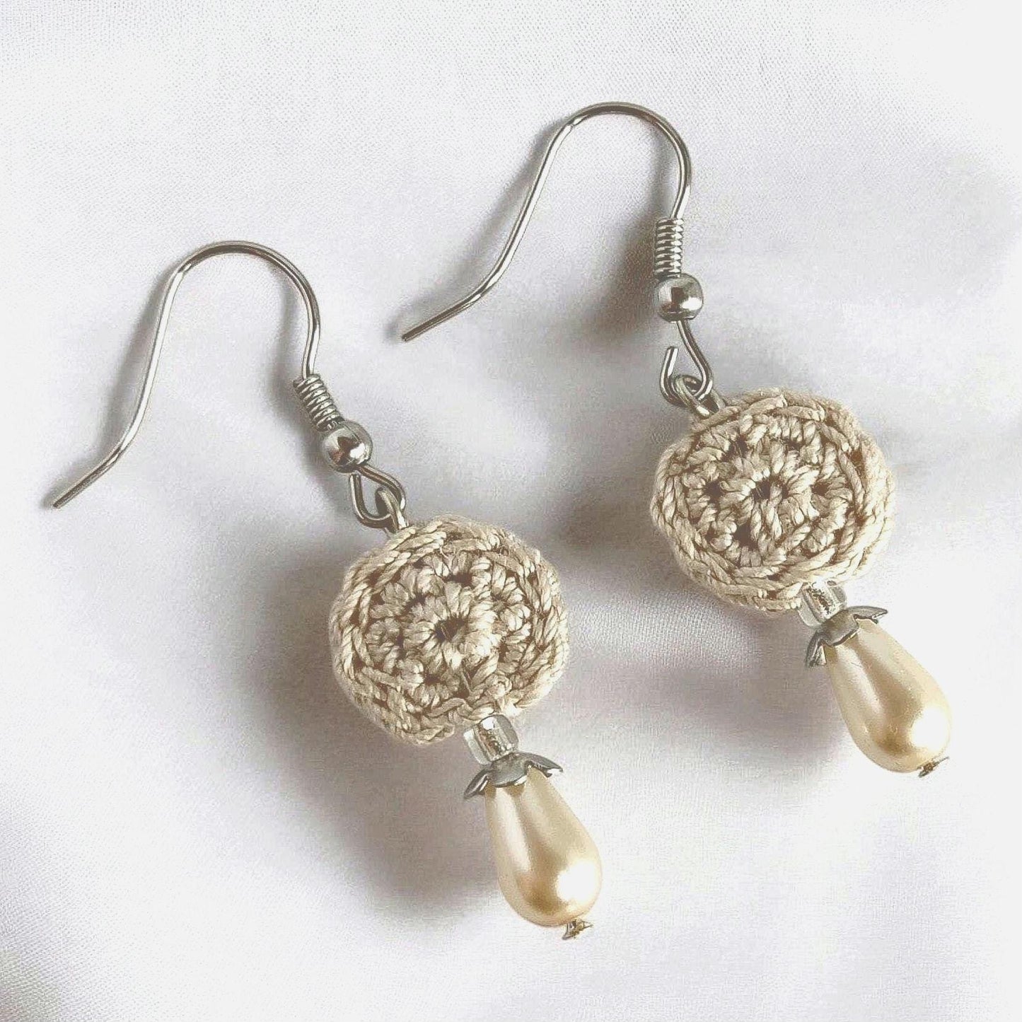 Crochet Pearl Drop Earrings: Beige Boho Dangle Earrings