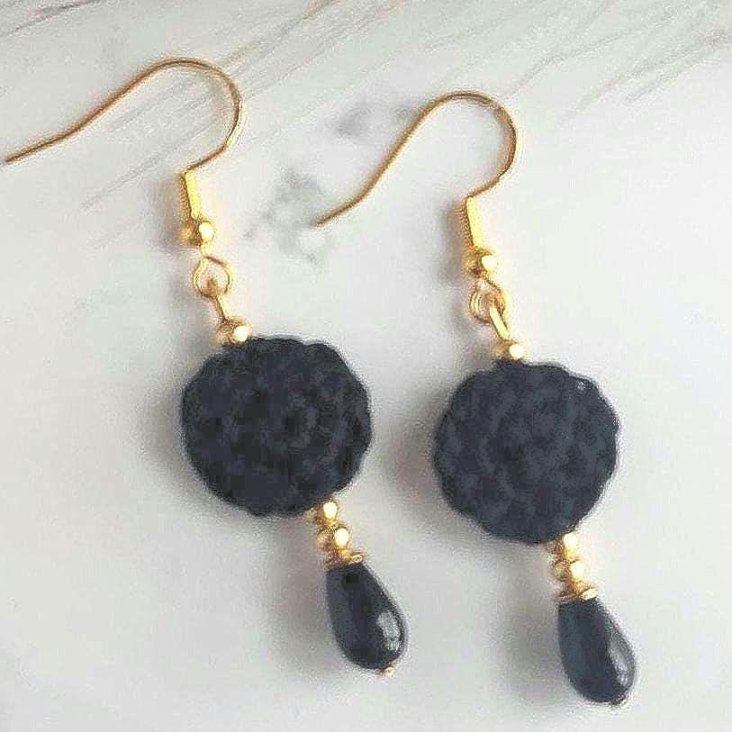Black Micro Crochet Earrings: Pearl Drop, Golden Accents