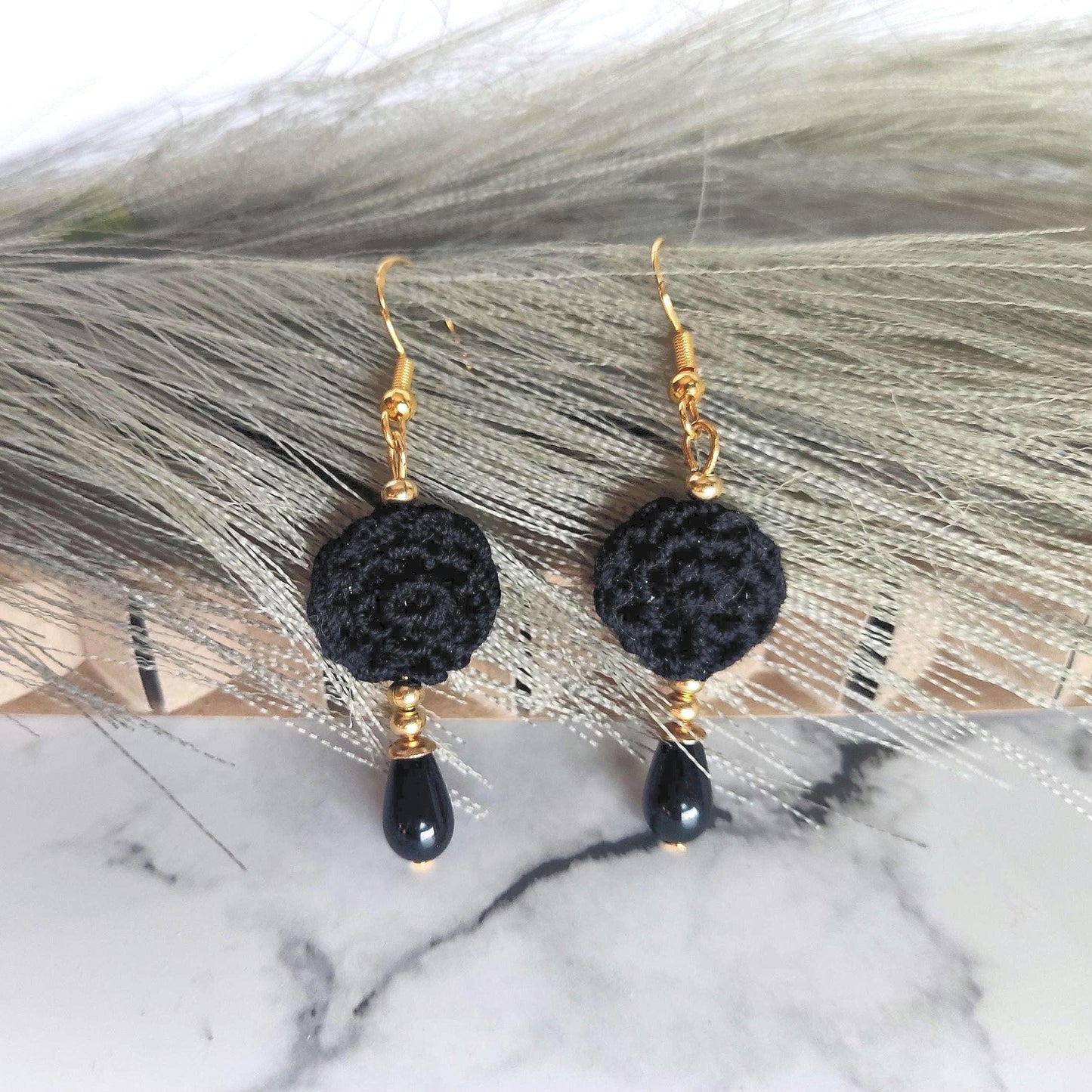 Black Micro Crochet Earrings: Pearl Drop, Golden Accents