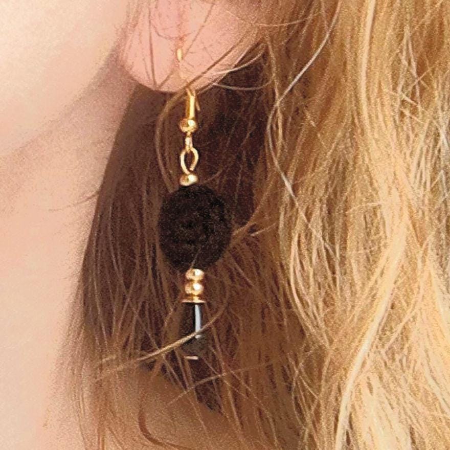 Black Micro Crochet Earrings: Pearl Drop, Golden Accents