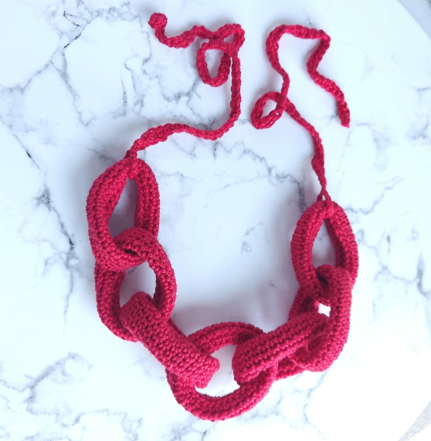 Chunky Crochet Chain Necklace: Red Cotton Braided Statement Jewelry