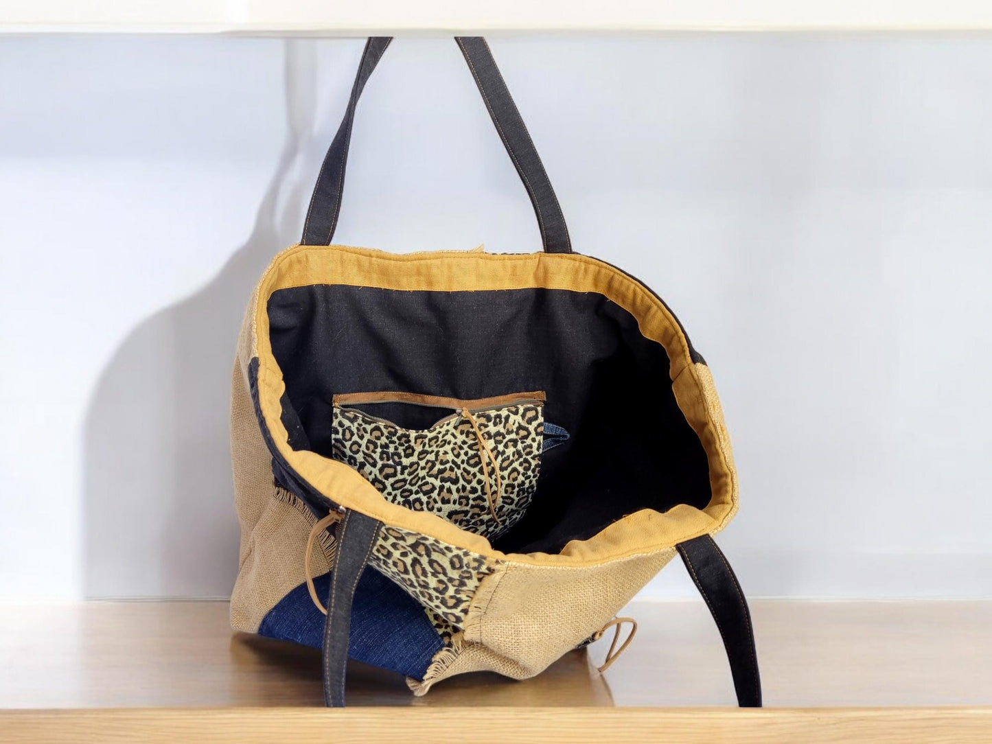 Reversible Tote Bag: Black  Leopard Print Burlap Patchwork Tote Handbag