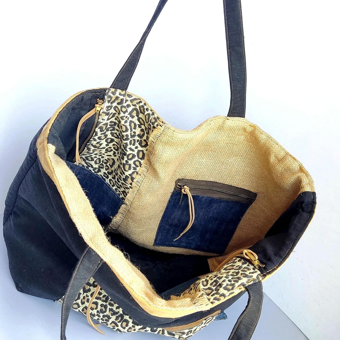 Reversible Tote Bag: Black  Leopard Print Burlap Patchwork Tote Handbag