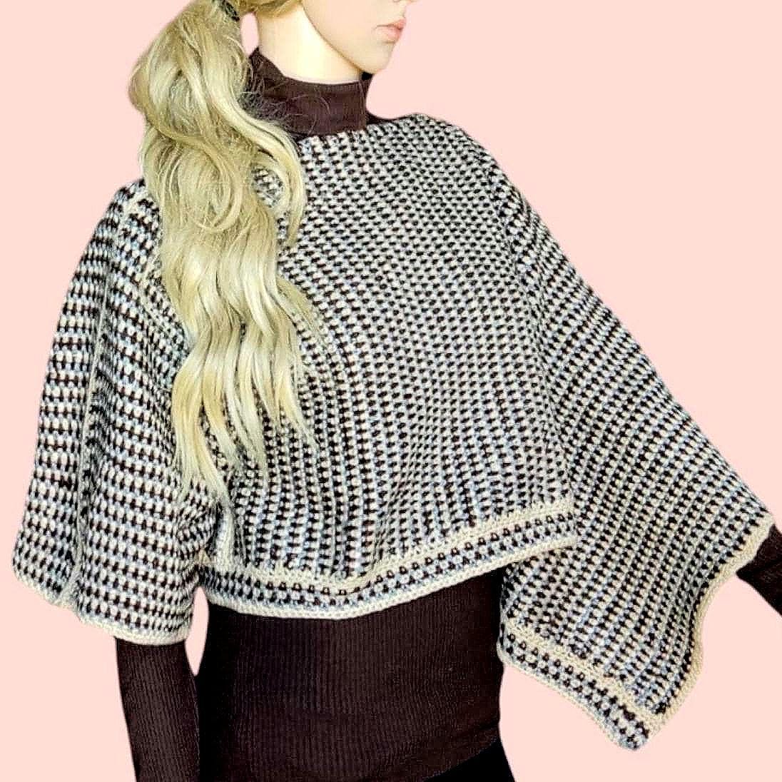 Crochet Crop Top Sweater - Brown Beige Striped Poncho with Wide Sleeves