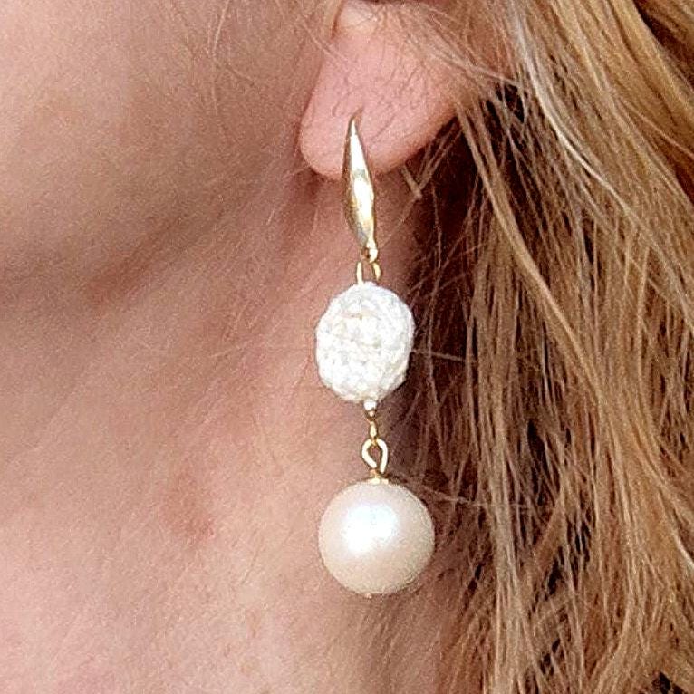 Crochet Pearl Dangle Earrings: Cream White Boho Drop Earrings