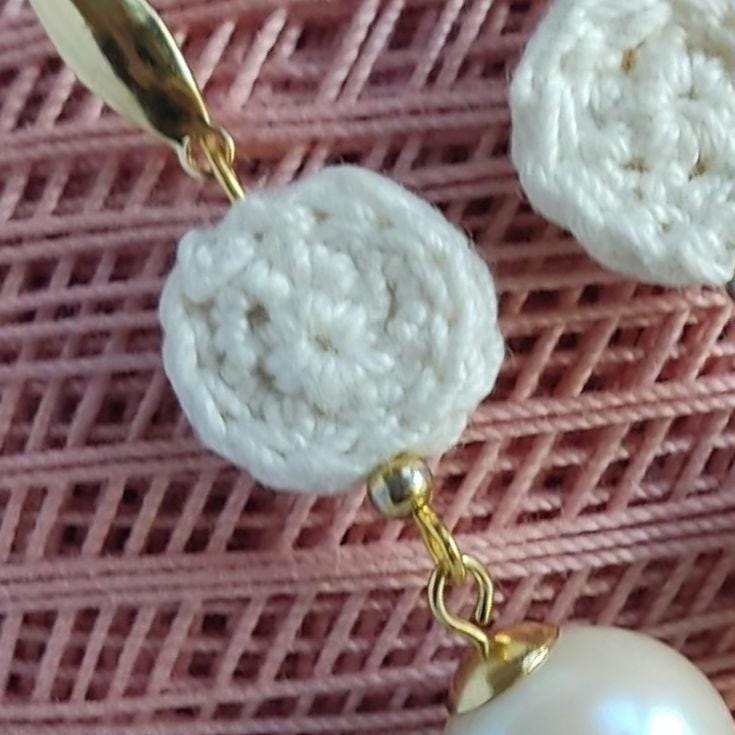 Crochet Pearl Dangle Earrings: Cream White Boho Drop Earrings