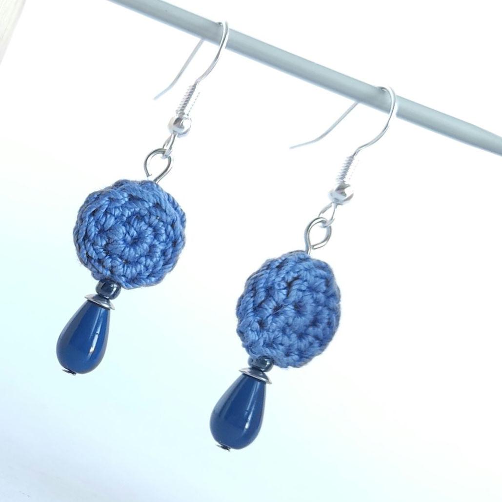 Crochet Pearl Drop Earrings: Boho Denim Blue, Sterling Silver