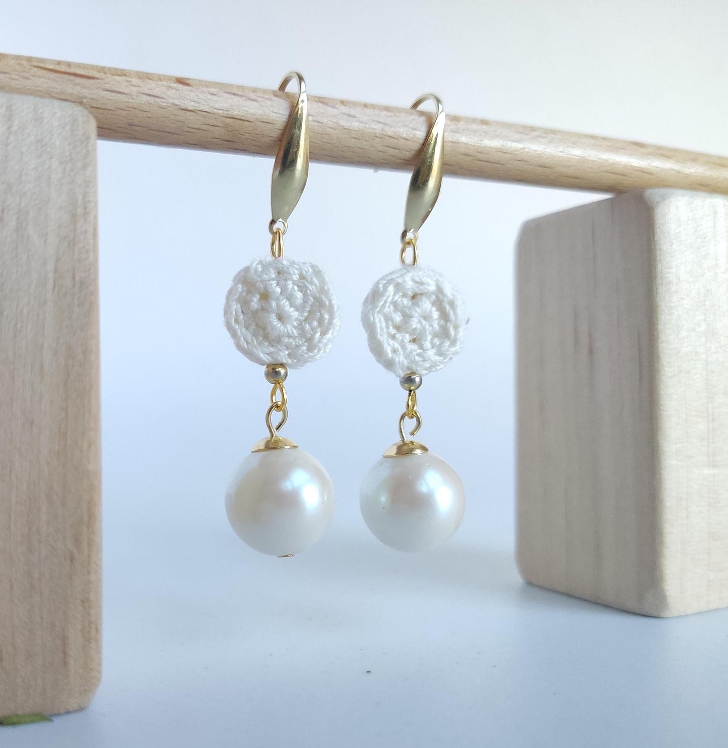 Crochet Pearl Dangle Earrings: Cream White Boho Drop Earrings