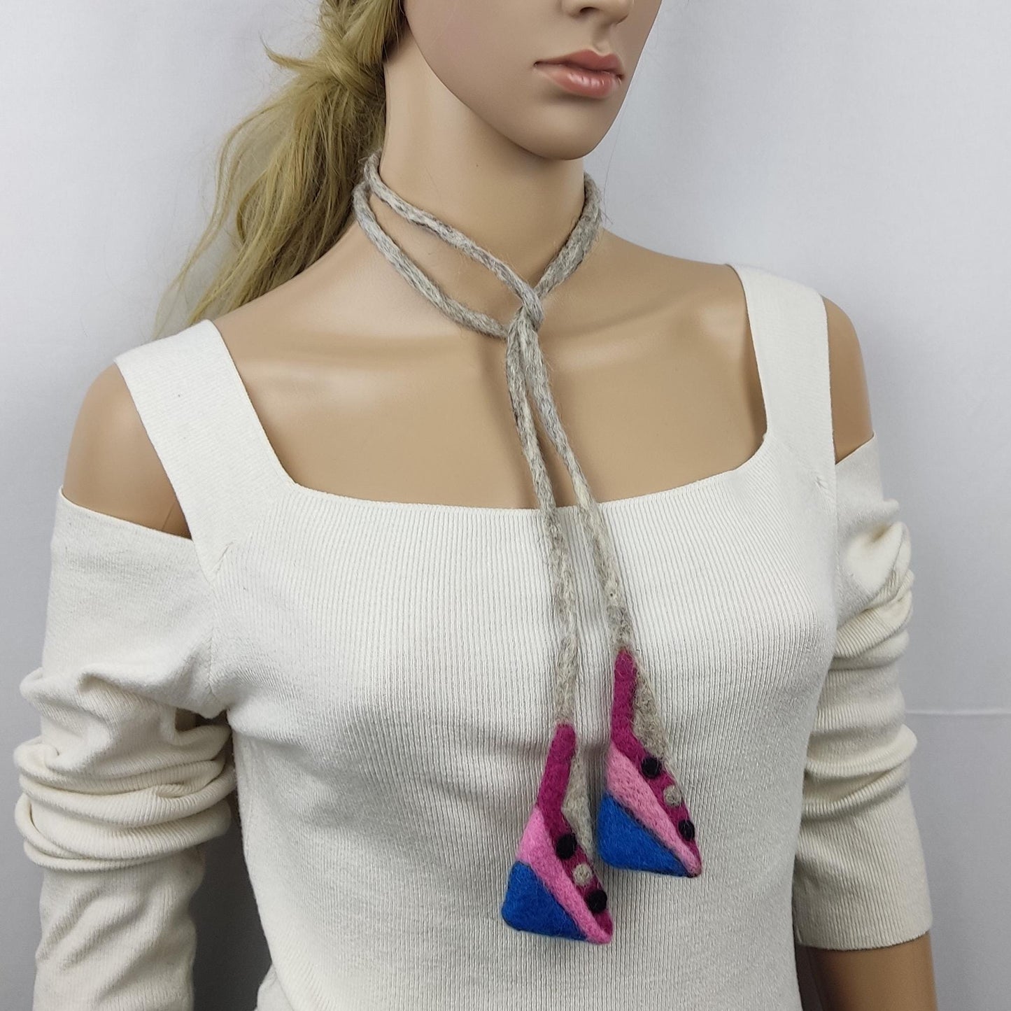 Felted Wool Lariat Necklace: Pink Blue Convertible Scarf Necklace
