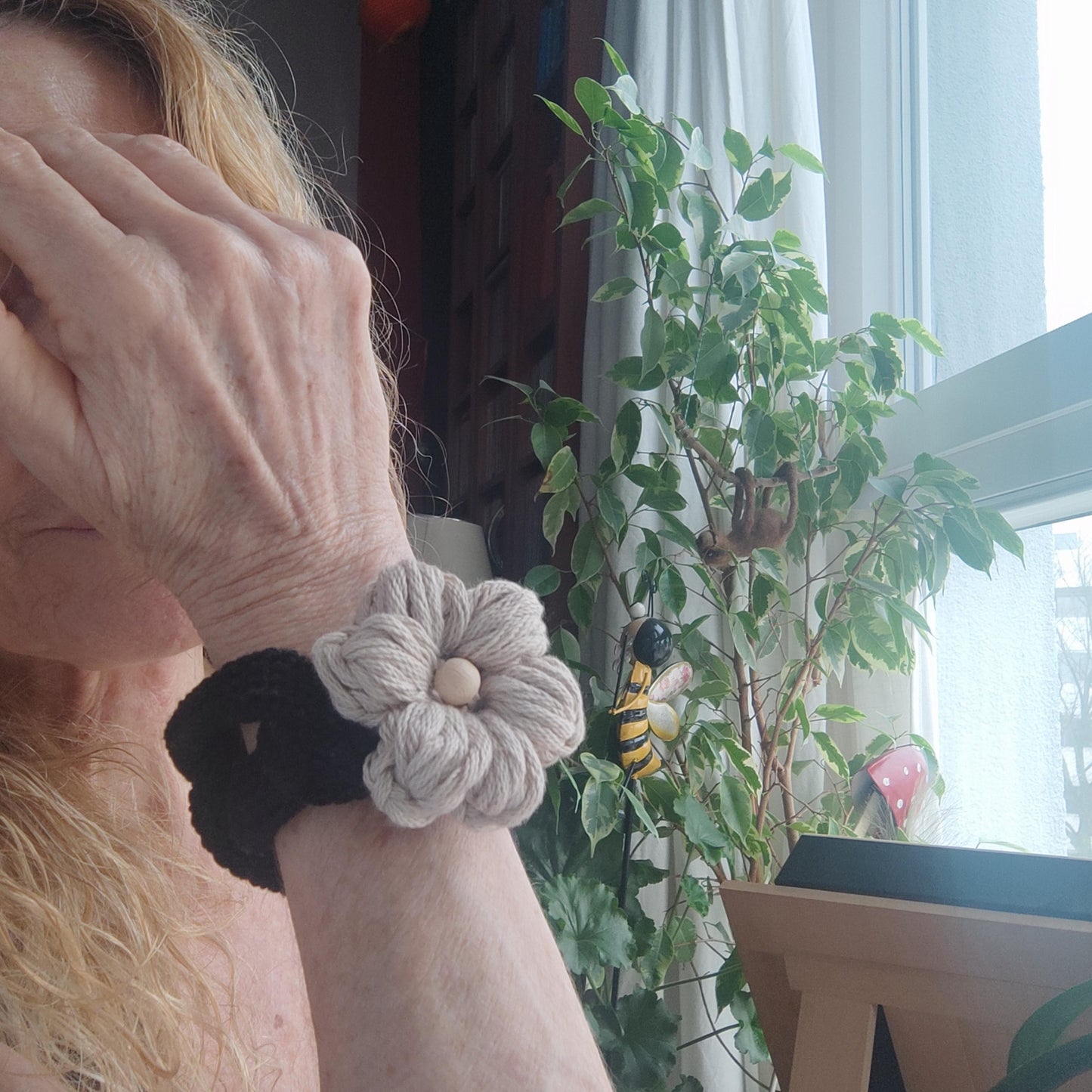 Chunky Crochet Flower Bracelet - Boho Daisy Cuff Cotton Jewelry