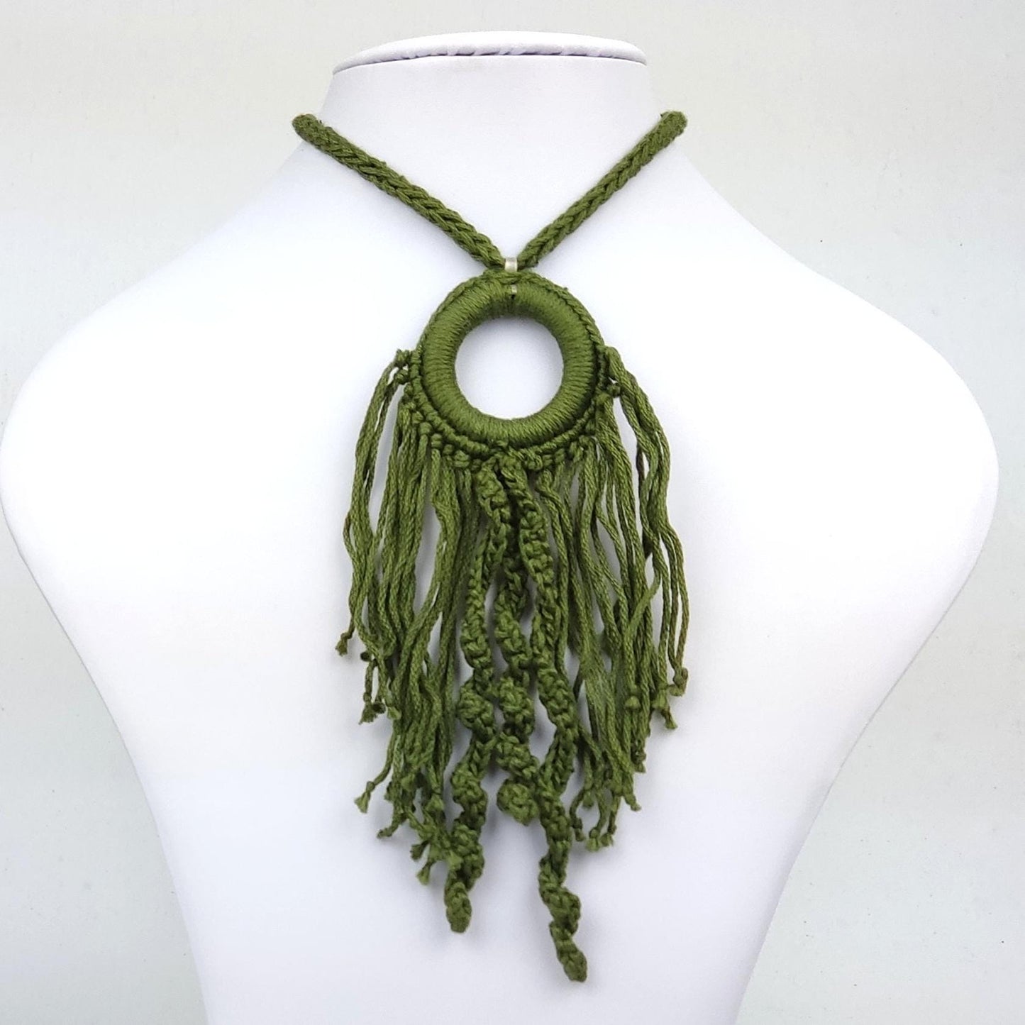 Olive Green Crochet Pendant Necklace - Handmade Boho Fringe Statement Jewelry