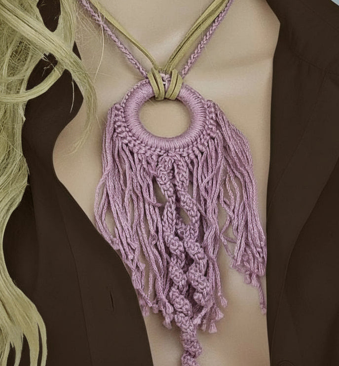 Pink Crochet Fringe Pendant Necklace - Handmade Boho Statement Jewelry