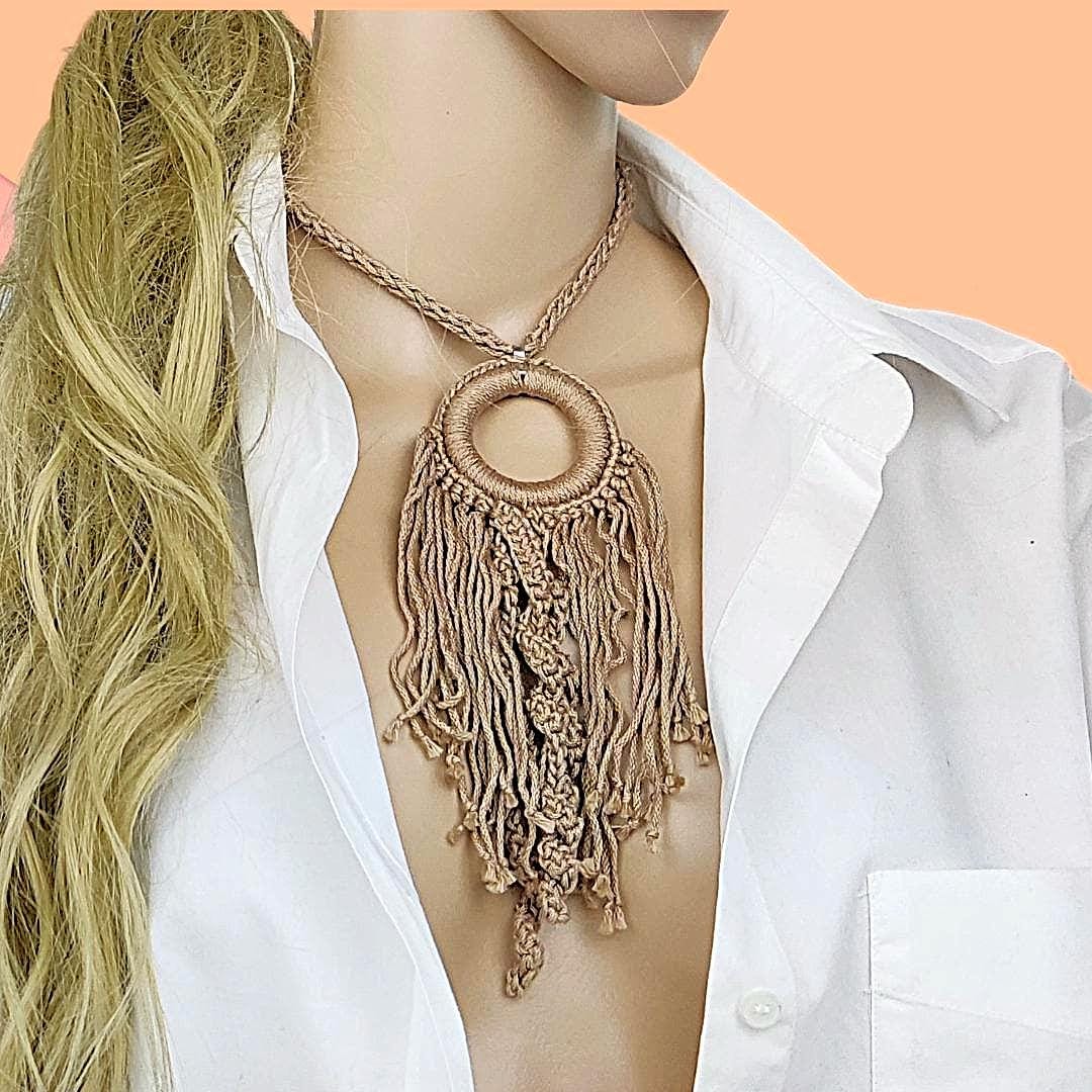 Beige Boho Crochet Pendant Necklace - Handmade Cotton Fringe, Adjustable Length